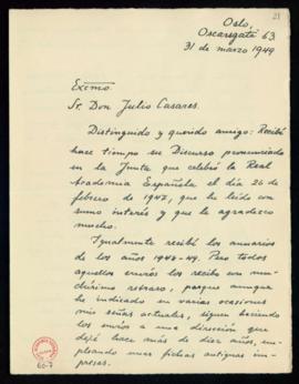 Carta de Magnus Grönvold a Julio Casares en la que le agradece el envío del discurso pronunciado ...