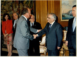 Juan Carlos I estrecha la mano al académico Luis Ángel Rojo