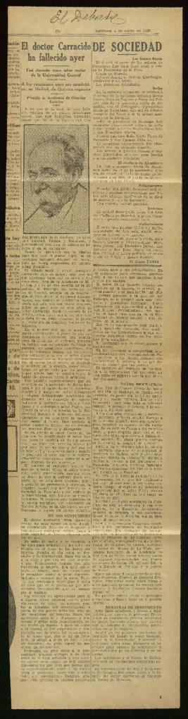 Recorte del diario El Debate de 4 de enero de 1928, con la noticia del fallecimiento de José Rodr...