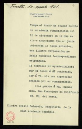 Carta [de Eusebio J. Molera] a Emilio Cotarelo de agradecimiento por su nombramiento como académi...