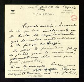Carta de Gabriel Maura Gamazo a Melchor Fernández Almagro en la que le dice que pasó la frontera ...