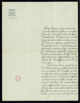 Carta de Federico Gamboa [a Manuel Tamayo y Baus] en la que acusa recibo del diploma y nota con s...