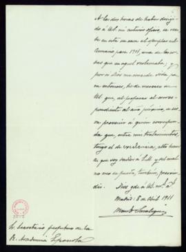 Carta de Manuel de Saralegui al secretario [Mariano Catalina] en la que acusa recibo de un ejempl...