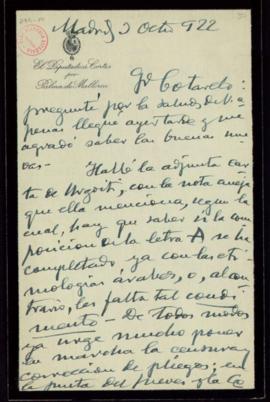 Carta de Antonio Maura a Emilio Cotarelo con la que le envía una carta de Urgoiti y le dice que h...