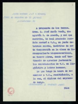 Copia sin firma del oficio del secretario Julio Casares a Gustavo J. Franceschi de traslado de su...