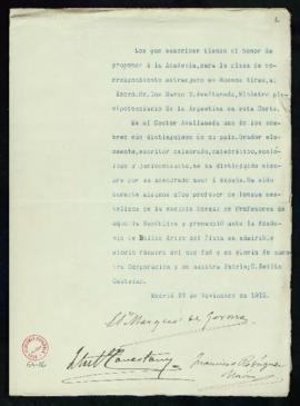 Propuesta de Marco M. Avellaneda para la plaza de correspondiente extranjero en Buenos Aires