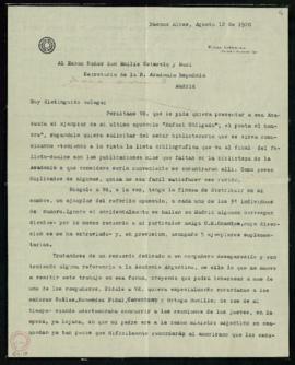 Carta de Ernesto Quesada a Emilio Cotarelo y Mori en la que le solicita que entregue a la bibliot...