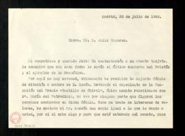 Copia de la carta del oficial de secretaría a Julio Casares para comunicarle que le envía el últi...