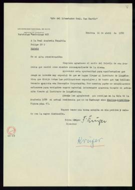 Carta de Fritz Krüger en la que agradece el envío del Boletín y en la que pide que se remitan al ...