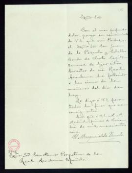 Carta del marqués de la Pezuela al secretario [Mariano Catalina] por la que comunica el fallecimi...