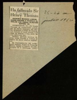 Recorte del diario Pueblo con la noticia Ha fallecido Sir Henry Thomas