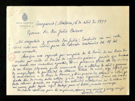 Carta de Lorenzo Riber a Julio Casares en la que incluye su voto para la elección académica del 1...