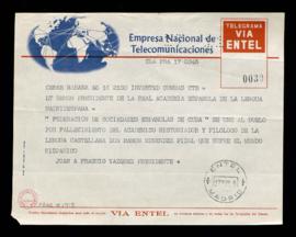 Telegrama de Juan A. Fraguio Vázquez, presidente de la Federación de Sociedades Españolas de Cuba...