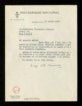 Carta de Luys Santa Marina, director de Solidaridad Nacional, a Melchor Fernández Almagro en la q...