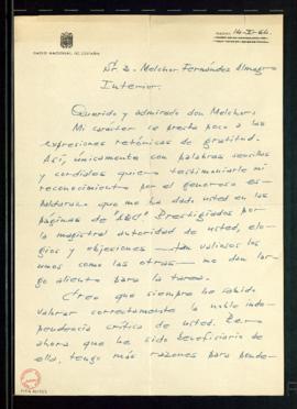 Carta de (ileg.) a Melchor Fernández Almagro de agradecimiento por el espaldarazo que le dado en ...