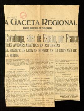 Covadonga, solar de España, por Franco. Tres aviones abatidos en Asturrias. El frente de León se ...