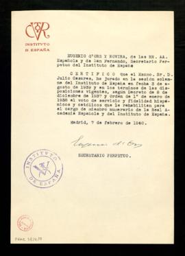 Certificación de Eugenio d'Ors y Rovira, secretario perpetuo del Instituto de España, de la jura ...