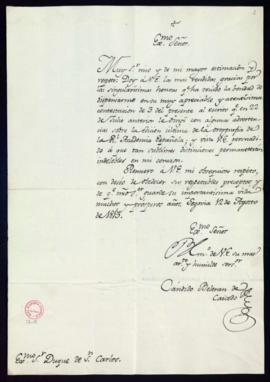 Carta de Cándido Beltrán de Caicedo al duque de San Carlos en la que le agradece su contestación ...