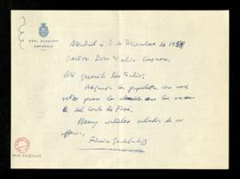 Carta de Federico García Sanchiz a Julio Casares, con la que le remite su papeleta para la elecci...