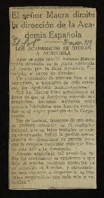 Recorte del diario El Sol de 8 de noviembre de 1919, con la noticia de la dimisión de Antonio Mau...