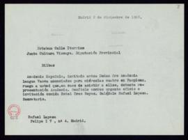 Minuta del telegrama de Rafael Lapesa a Esteban Calle Iturrino en el que le anuncia que los actos...