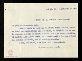 Copia sin firma de la carta de Lorenzo García a Narciso Alonso Cortés en la que le manifiesta que...