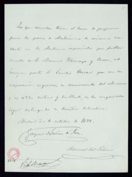 Propuesta de Gaspar Núñez de Arce, Manuel del Palacio y Víctor Balaguer de la candidatura de Emil...