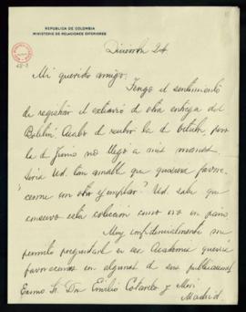 Carta de Antonio Gómez Restrepo a Emilio Cotarelo en la que le indica que la entrega del Boletín ...