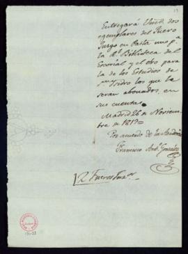 Orden de José Duaso a Francisco Villaescusa de la entrega de dos ejemplares del Fuero Juzgo, uno ...