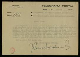 Telegrama del subsecretario interino de Asuntos Exteriores a Julio Casares sobre los informes fav...