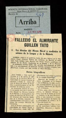 Recorte del diario Arriba con la noticia titulada Falleció el almirante Guillén Tato