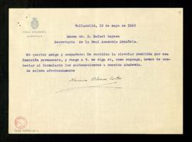 Carta de Narciso Alonso Cortés a Rafael Lapesa en la que acusa recibo de la circular de la Comisi...