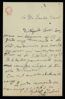 Carta de Gabriel Llabrés a Emilio Cotarelo en la que expresa su reconocimiento por su nombramient...