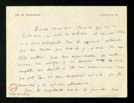 Carta de Gregorio Marañón a Melchor Fernández Almagro en la que expresa su admiración por el segu...
