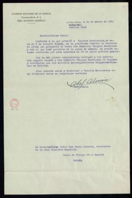 Carta de Abel Alarcón a Julio Casares con la que le remite el discurso de orden de Humberto Vázqu...