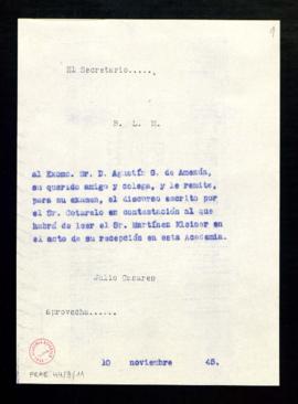 Copia sin firma del besalamano de Julio Casares, secretario, a Agustín G. [González] de Amezúa co...