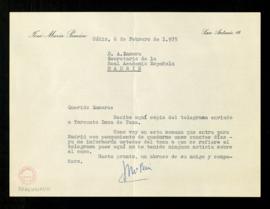 Carta de José María Pemán a A. [Alonso] Zamora en la que le dice que ha recibido copia del telegr...