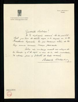 Carta de Manolo Ballester a Melchor Fernández Almagro en la que se disculpa por no haber asistido...