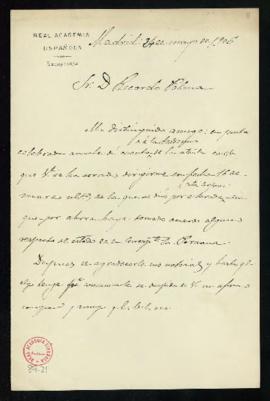 Minuta de la carta del secretario a Ricardo Palma en la que le manifiesta que dio cuenta a la Aca...