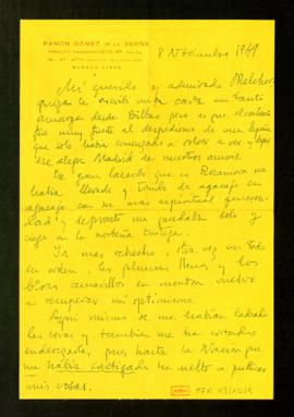 Carta de Ramón Gómez de la Serna a Melchor Fernández Almagro en la que le dice que le escribió un...