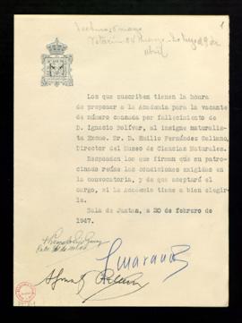 Propuesta de Emilio Fernández Galiano para la vacante de número causada por el fallecimiento de I...