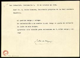 Carta de Julio de Urquijo a Julio Casares con la que le envía una nota con los títulos para los p...