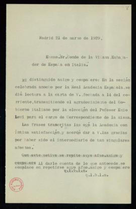 Minuta de la carta de Emilio Cotarelo al conde de la Viñaza, embajador de España en Italia, en la...