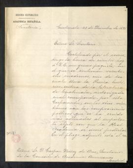 Carta de A[gustín] Gómez Carrillo a Gaspar Núñez de Arce, secretario de la Comisión de Academias ...