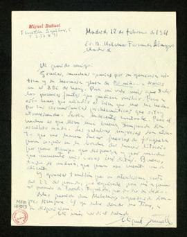 Carta de Miguel Buñuel a Melchor Fernández Almagro en la que le agradece la generosa crítica de E...
