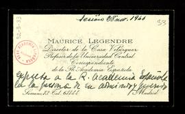 Tarjeta de pésame de Maurice Legendre por el fallecimiento de Eduardo Marquina