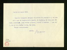 Carta de Azorín a Melchor Fernández Almagro en la que le agradece el regalo de su Historia [de la...