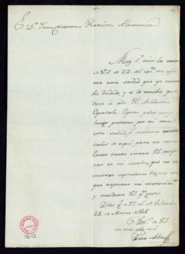 Carta de Pedro de Silva a Juan Crisóstomo Ramírez Alamanzón en la que le comunica su regreso a Ma...