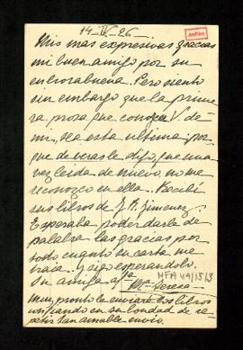 Postal de M.ª Teresa [Roca de Togores] a Melchor Fernández Almagro en la que acusa recibo de los ...