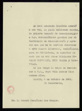 Copia del oficio del secretario a Genaro Fernández Mac Gregor en el que le comunica el agradecimi...